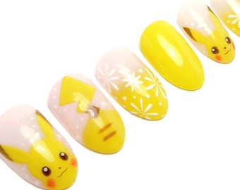 Pikachu Nails ／ Reusable press on, gift, pokemon, diy, kawaii, japanese, pastel yellow, anime, oval, birthday, gel, eevee, game, character