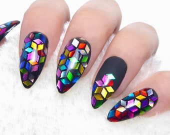 Kaleidoscope Nails ／ Reusable, press on, gift, festival, diy, holographic, rainbow, party, glitter, sequin, stiletto, pride, pattern, almond