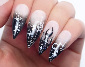 Night Fade Nails ／ Reusable press on, art, gift her, gothic, ombre french, black, nude, gradient, goth, moon, tarot, witch, spooky, occult