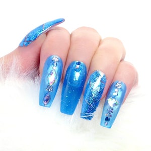 Blue Holo Nails Reusable press on, art, gift, holographic, aqua, jewelry, crystal, party, ocean, sky, coffin, rhinestone, mermaid, tropic image 2