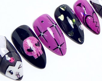 Kuromi Nails ／ Reusable, press on, gift, kawaii, pastel goth, almond, lavender, black pink, holo, harajuku, Japanese, my melody, hello kitty