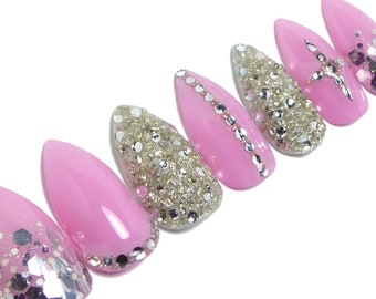 Silver Pink Nails ／ Reusable, press on, rhinestone, gift, crystal, bling, party, diy, stiletto, birthday, kawaii goth, princess, barbie, y2k