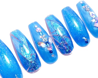 Blue Holo Nails ／ Reusable press on, art, gift, holographic, aqua, jewelry, crystal, party, ocean, sky, coffin, rhinestone, mermaid, tropic