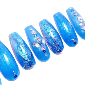 Blue Holo Nails Reusable press on, art, gift, holographic, aqua, jewelry, crystal, party, ocean, sky, coffin, rhinestone, mermaid, tropic image 1