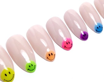 GLOW Smiley Nails ／ Reusable, press on, glow in the dark art, gift, emoji, party, festival, rainbow, almond, diy, kawaii, pride, fun, rave