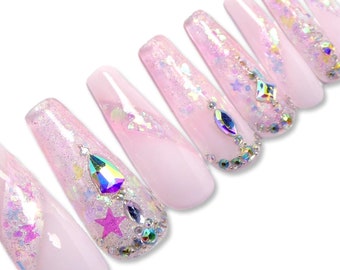 Fairy Pink Nails ／ Reusable, press on, gift, bling, rhinestone, glitter, holographic, pastel, coffin, kawaii, anime, y2k, acrylic, jewelry