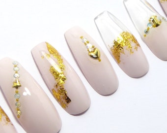 Classy Nails ／ Reusable, press on, acrylics, gift, wedding, pink, gold, jewelry, bridal, coffin, party, birthday, gel, rhinestone, glass art
