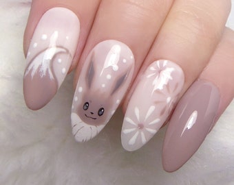 Eevee Nails ／ Reusable press on, nail art, anime character, cartoon, almond, pokemon, kawaii, birthday, gift, rabbit, fox, cat, pikachu, fun