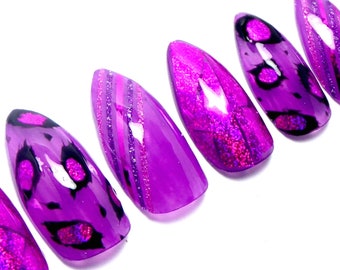 Pink Leopard Nails ／ Reusable press on, gift, holo, crystal, purple cheetah, stiletto, party, animal, glitter, pop, gyaru, holographic, rave