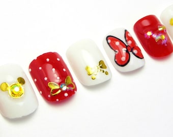 Minnie Nails ／ Reusable, press on, short square, gift girls, red, diy beauty, disney land, mickey mouse, dots, rhinestone, lego, princess