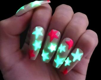 Star Nails ／ GLOW in the dark reusable press on nail art gift party rainbow  pride fun birthday festival kpop polish set kit manicure make up