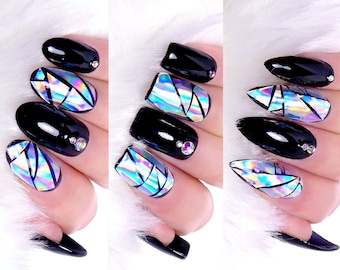 Holographic Jewelry Nails ／ Fake nails, glue on nails, press on nails, nail art, gift women, holo, drag, at home beauty, diy nails, make up