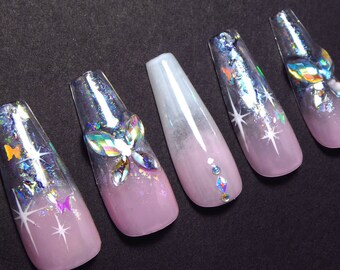 Crystal Butterfly Nails ／ Reusable press on, art, gift, pink, acrylics, diy, ombre, coffin, holo, holographic, white french tip, fade, glass