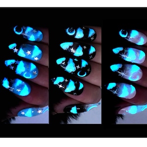 Sky Nails ／ GLOW in the dark, Reusable press on, pop nail art, gift, clouds, moon, fun, diy, stiletto, party, rave, almond, aesthetic, anime