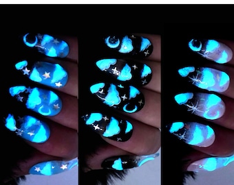 Sky Nails ／ GLOW in the dark, Reusable press on, pop nail art, gift, clouds, moon, fun, diy, stiletto, party, rave, almond, aesthetic, anime