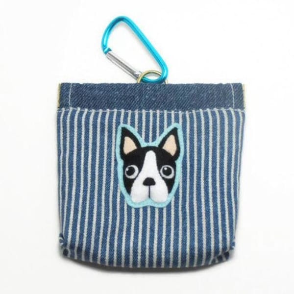 Dog Treat Bag / Boston terrier, Spring closure, Back pocket, Leash bag