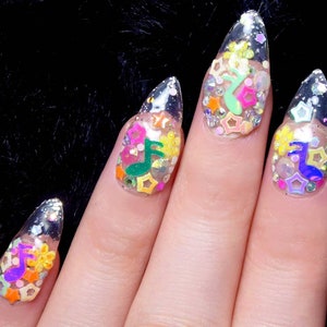 Music Box Nails ／ Reusable press on gift almond festival kawaii anime holo tokyo harajuku rainbow pride pop candy party birthday fun diy kit