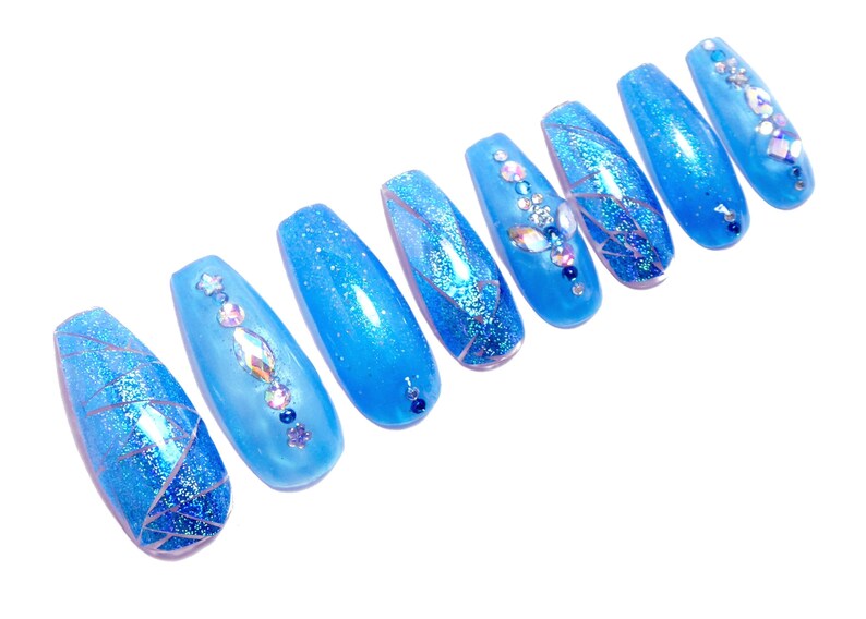 Blue Holo Nails Reusable press on, art, gift, holographic, aqua, jewelry, crystal, party, ocean, sky, coffin, rhinestone, mermaid, tropic image 1