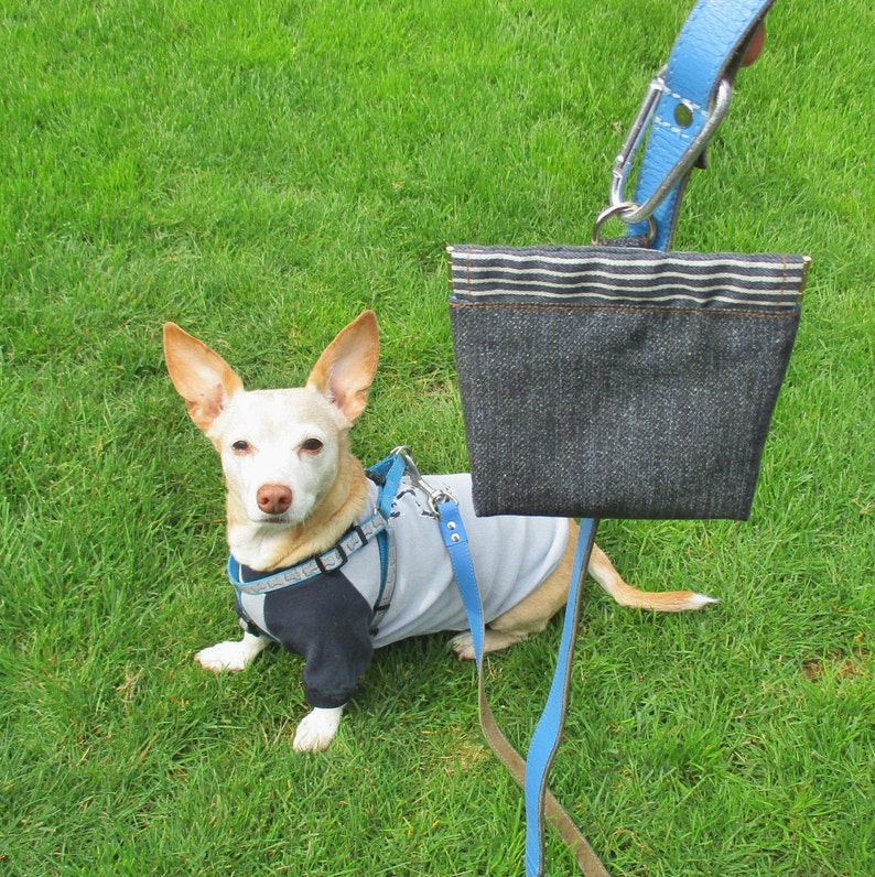 Dog Treat Bag / Denim spring closure leash bag poop bag Etsy
