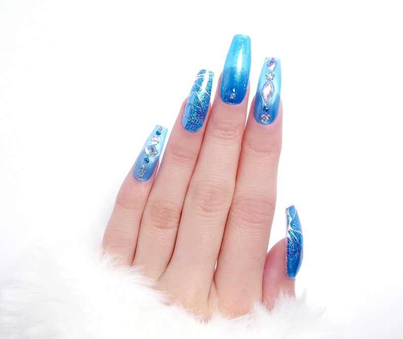 Blue Holo Nails Reusable press on, art, gift, holographic, aqua, jewelry, crystal, party, ocean, sky, coffin, rhinestone, mermaid, tropic image 3
