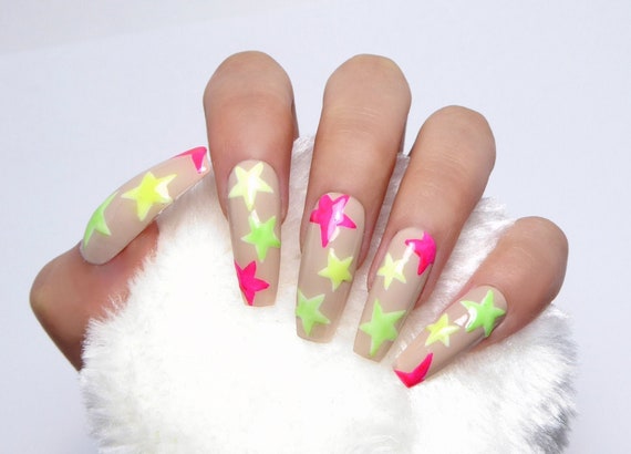 Glow Star Nails Glow In The Dark Fake Nails Press On Nails Nail Art Gift Women Costume Neon Nude Make Up Make Up Party Event