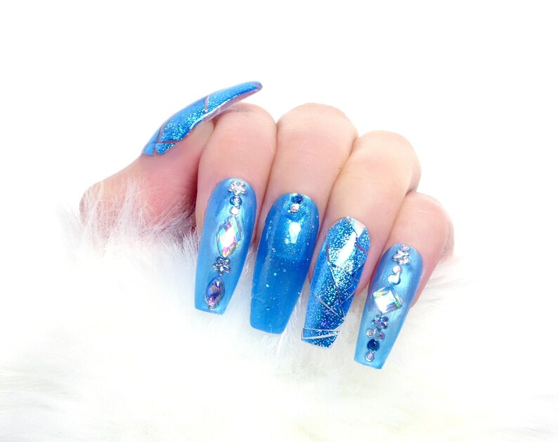 Blue Holo Nails Reusable press on, art, gift, holographic, aqua, jewelry, crystal, party, ocean, sky, coffin, rhinestone, mermaid, tropic image 2