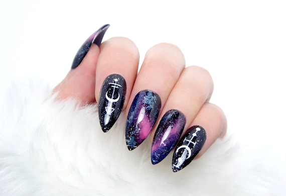Purple Glitter Space Galaxy Press On Nails Fake Nails Glue On Nails Reusable