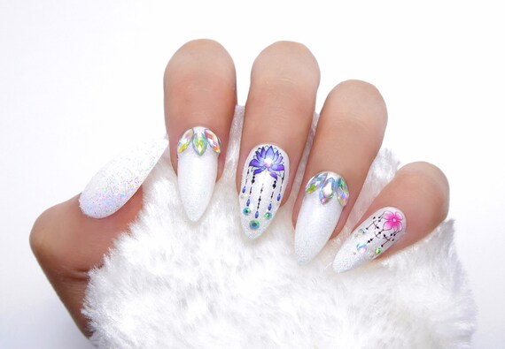 Handmade- OG Unicorn White Glitter Chrome Bling Crystal Press On Nail