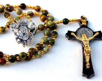 Chapelet de pierres précieuses Kambaba Jasper avec crucifix hématite, livraison gratuite