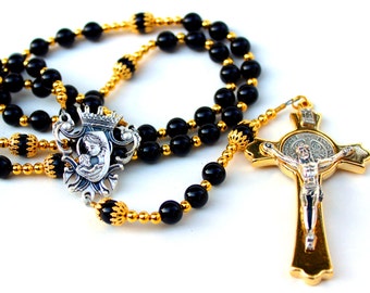 Onyx Agate Gemstone Catholic Rosary w/Gold Crucifix, Free domestic shipping