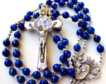 Lapis Lazuli Gemstone Rosary with Silver Crucifix, Free Shipping