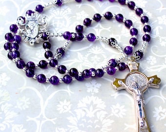 Amethyst Gemstone Rosary with Silver Crucifix, Free Shipping