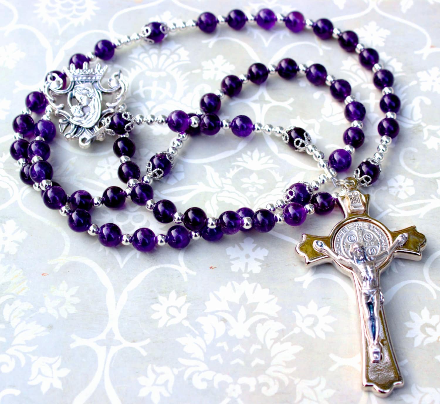 Amethyst Gemstone Rosary with Silver Crucifix, Free domestic shipping