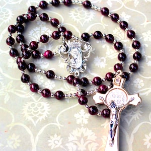 Garnet Gemstone Rosary with Silver Crucifix, Free domestic shipping