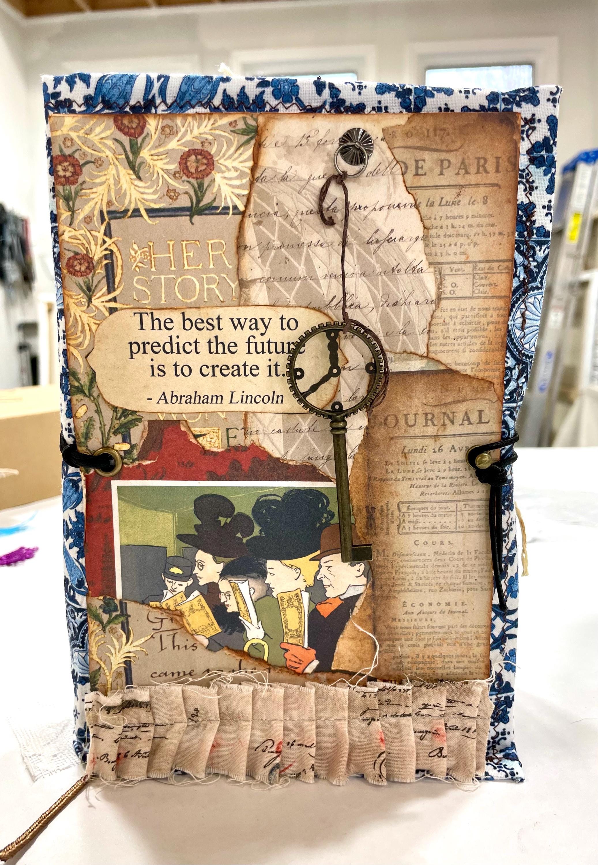 Handmade Collaged-Themed Altered Book Junk Journal w/Removable Topper
