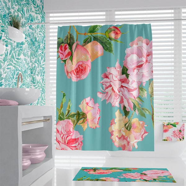 Modern Shabby Chic Floral Shower Curtain Bathroom Set With Matching Towels & Bath Mat. Bold Floral Bathroom Decor Extra Long Shower Curtains