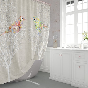 Beige bathroom decor bird shower curtain. Beige shower curtains. Extra long bath tub curtain. Sibling Shared bathroom shower Bird lover gift