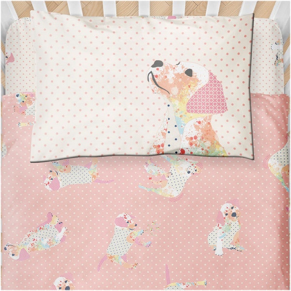 Dog lover girls room decor bedding set available in crib, toddler, twin, queen & king size with duvet, comforter, sheets and pillow options.