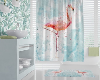 Watercolor Green Leaves Flamingo Shower Curtain & Hooks Bathroom Accessory Sets 