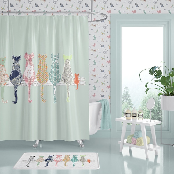 Cat lovers shower curtain set with matching cat bathmat and cat towels. Extra long shower curtains. Green bathroom decor. Bath tub curtain.