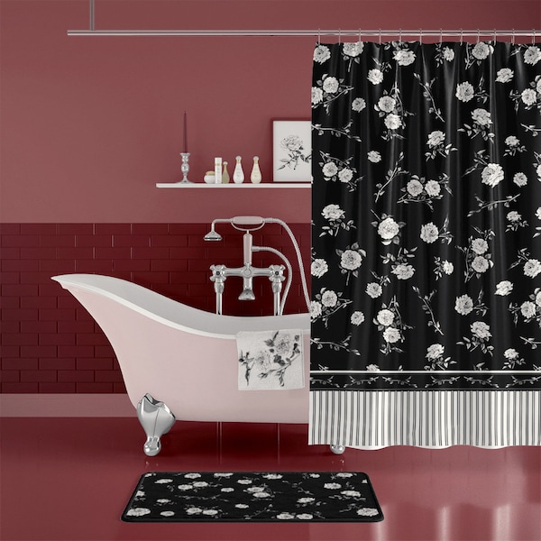 Black And White Floral Shower Curtain With Bath Mat, Floral Bath Curtain, Black And White Bathroom Decor, Extra Long Rose Shower Curtain
