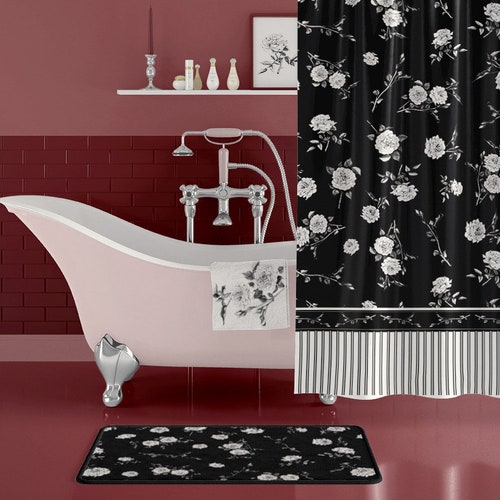 Black and White Floral Shower Curtain With Bath Mat Floral Etsy