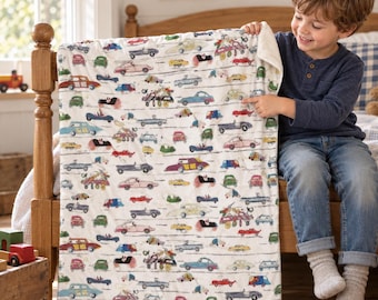 Boy Toddler Blanket - Fun Vintage Cars Illustration Warm, Soft Minky Security Bedding For Boys