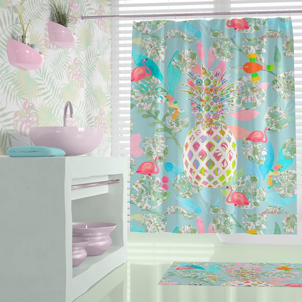 Tropical Shower Curtain, Colorful Bathroom Decor Flamingo & Pineapple Childrens Shower Curtains, Fun Shower Curtain, Kids Bathroom Decor