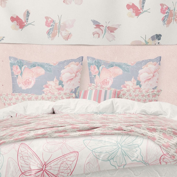 Butterfly duvet cover set with pillow case for girls bedroom decor. Cotton bedding set for toddler, little girl, tween or teen girls room