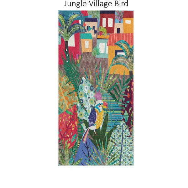 Kids bathroom towel - bright colorful jungle village bird bath towel & hand towels. Towel set for matching jungle bathroom decor accessories