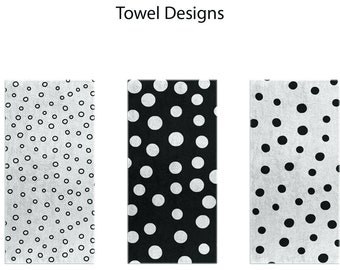 Polka Dot black and white Towels for your bold minimalist Bathroom Decor. Black or white bath and hand towels to match our mat and curtain.