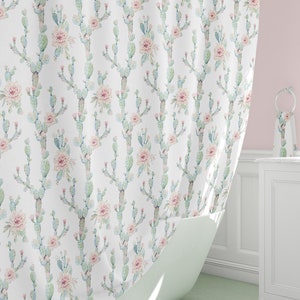 Pink Cactus Floral Shower Curtain 72 x 84 Long Bathroom Curtain With Mold Resistant Fabric For Kids