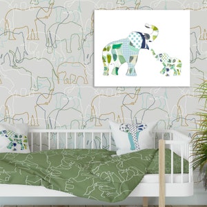 Safari elephant peel and stick wallpaper with modern elephant outline for boy safari decor. Nursery wallpaper for kids bedroom or playroom