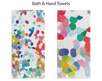 Bold abstract colorful bath towels and hand towel set for your modern bathroom decor. Match them with the shower curtain set and bath rugs.